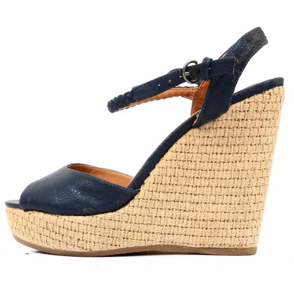 Nine West Womens 7.5 Espadrille High Wedge Heels Open Toe Nautical Vegan Leather - Picture 2 of 7